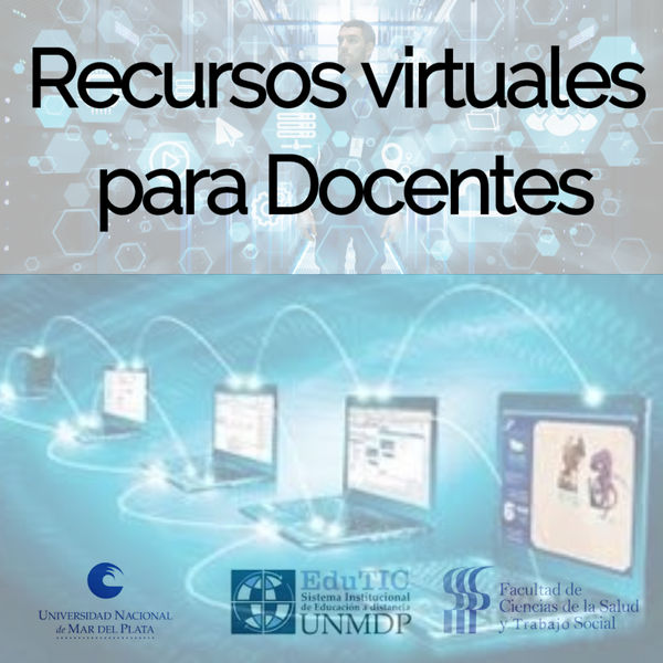 Portada de Recursos visuales para Docentes: imagen de fondo tecnológico con incrustaciones de logos institucionales